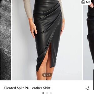 Commense Black pleated split PU Leather Pencil Skirt